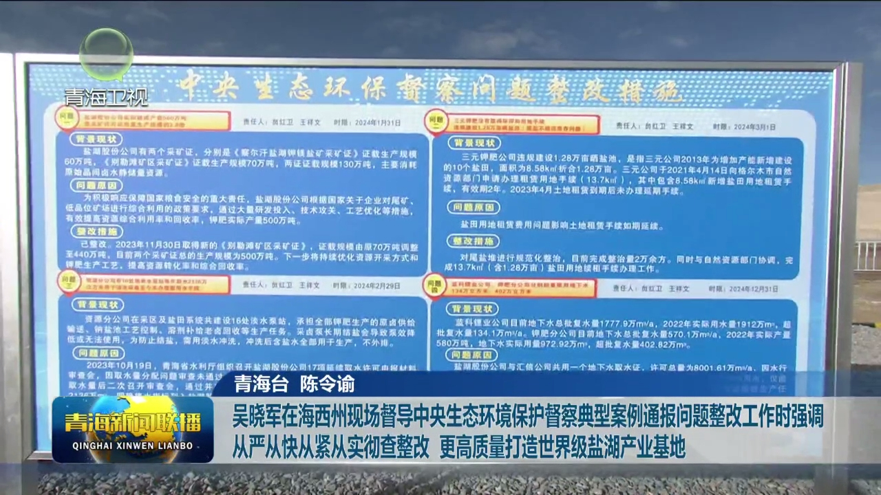 吳曉軍在海西州現場督導中央生態環境保護督察典型案例通報問題整改工作時強調 從嚴從快從緊從實徹查整改 更高質量打造世界級鹽湖產業基地